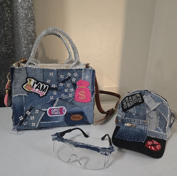 Denim Patchwork Bag and Cap Set - Picture 5 of 12